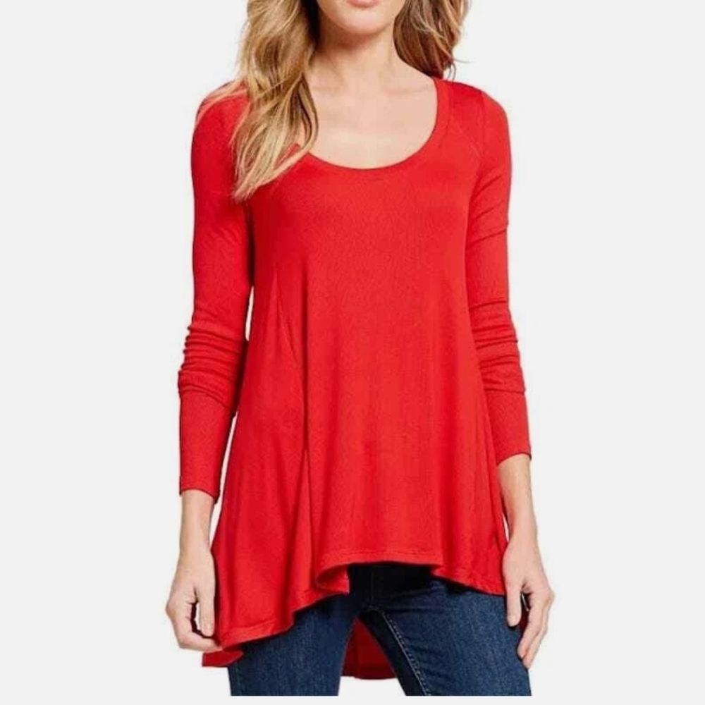 Free People January Ribbed Long Sleeve Tee Top XS Red High Low Hem Tunic